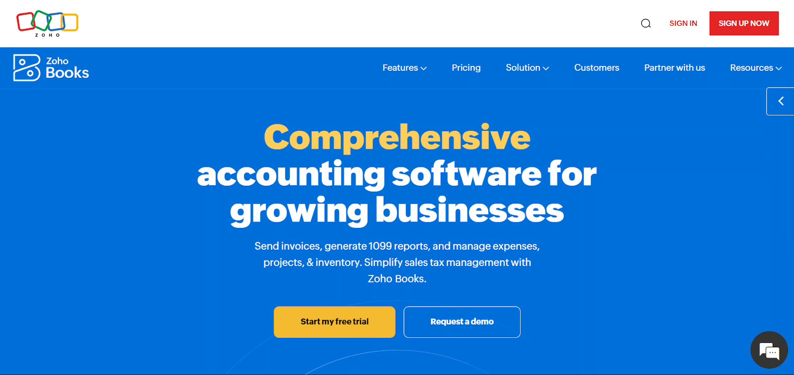 Zohobooks website page